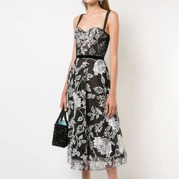 NWT Marchesa Notte Designed black hand embroidered sweetheart fit & flare dress
